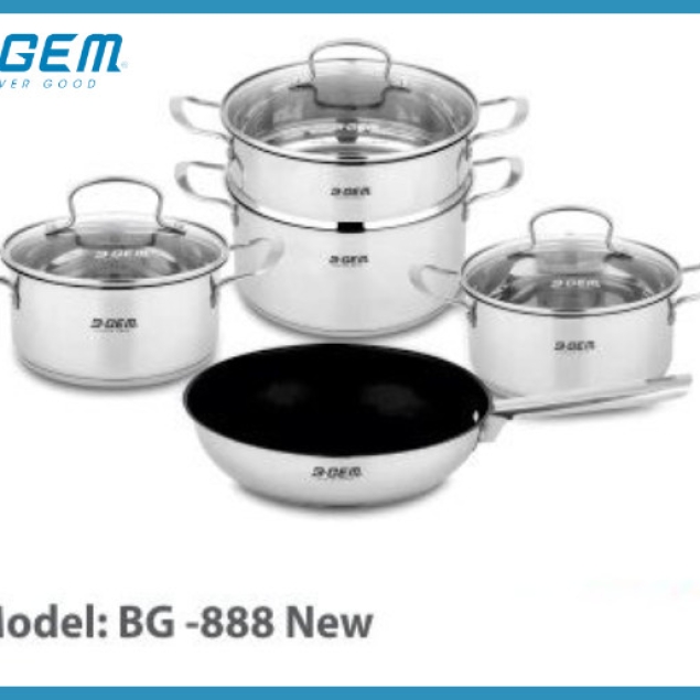 BỘ NỒI CHẢO SUS304 8 MÓN ĐÁY 5 LỚP CAO CẤP KIỂM ĐỊNH TUV B-GEM BG-888NEW